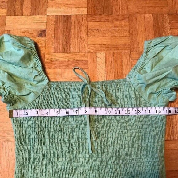 English Factory Green Smocked Mini Dress L Puff Sleeve Ruffle Hem Western Boho - Picture 8 of 12